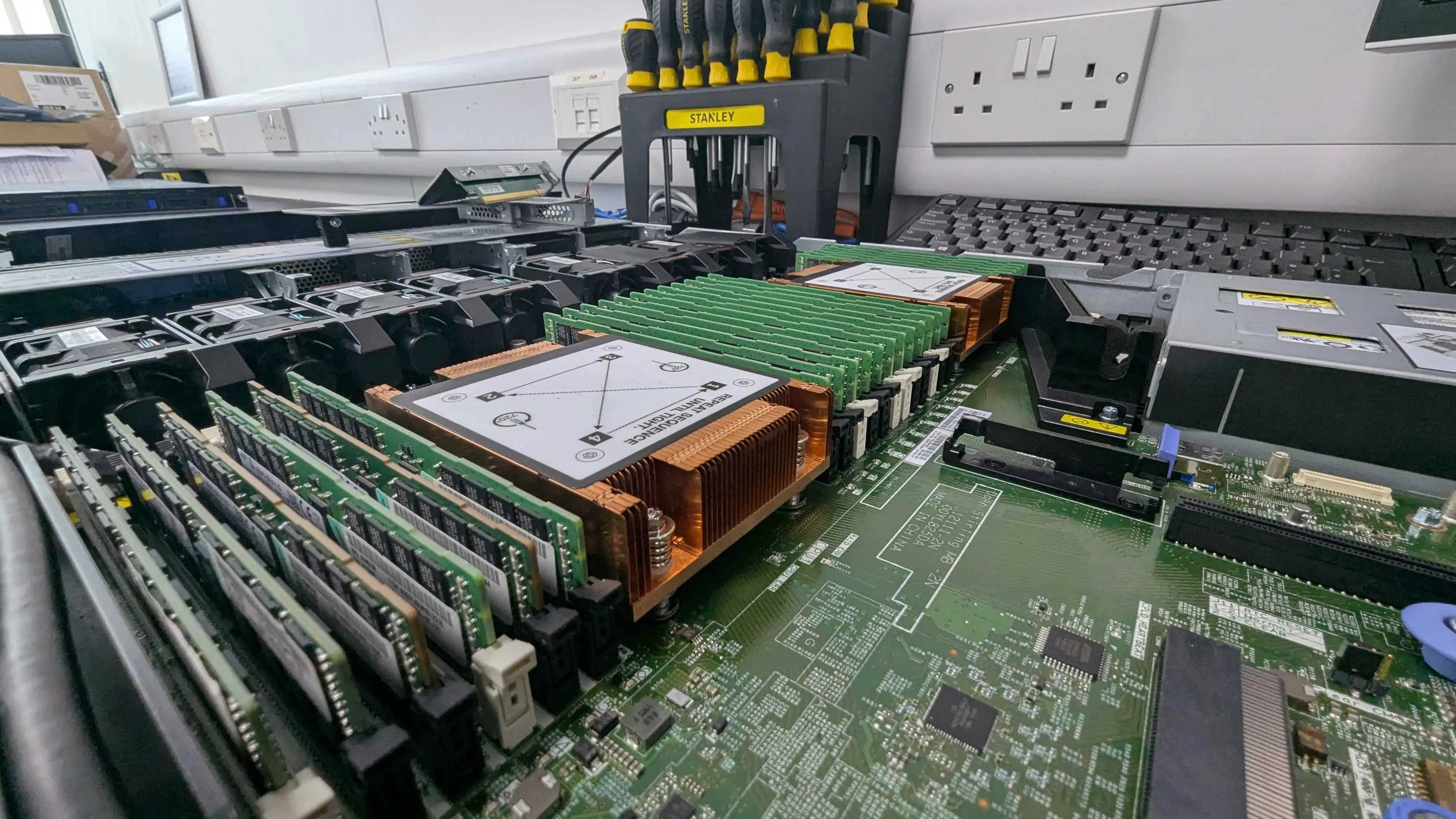 Server internals on the engineering bench during maintenance