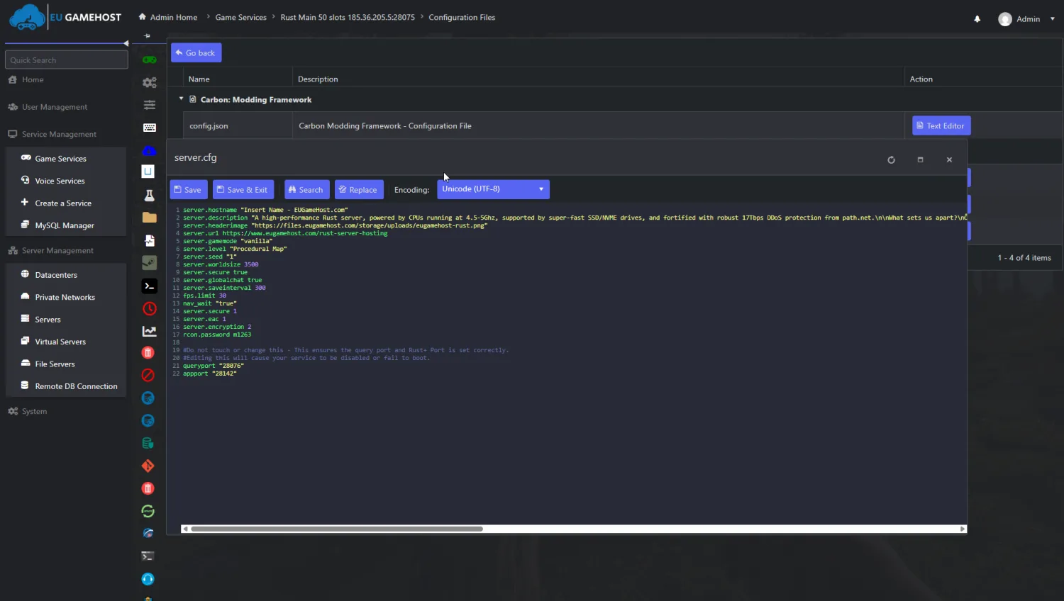 Rust server configuration editor interface